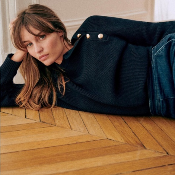 Sézane Knit Jumper with Gold Button Detail Navy Blue Sweater - Picture 2 of 11